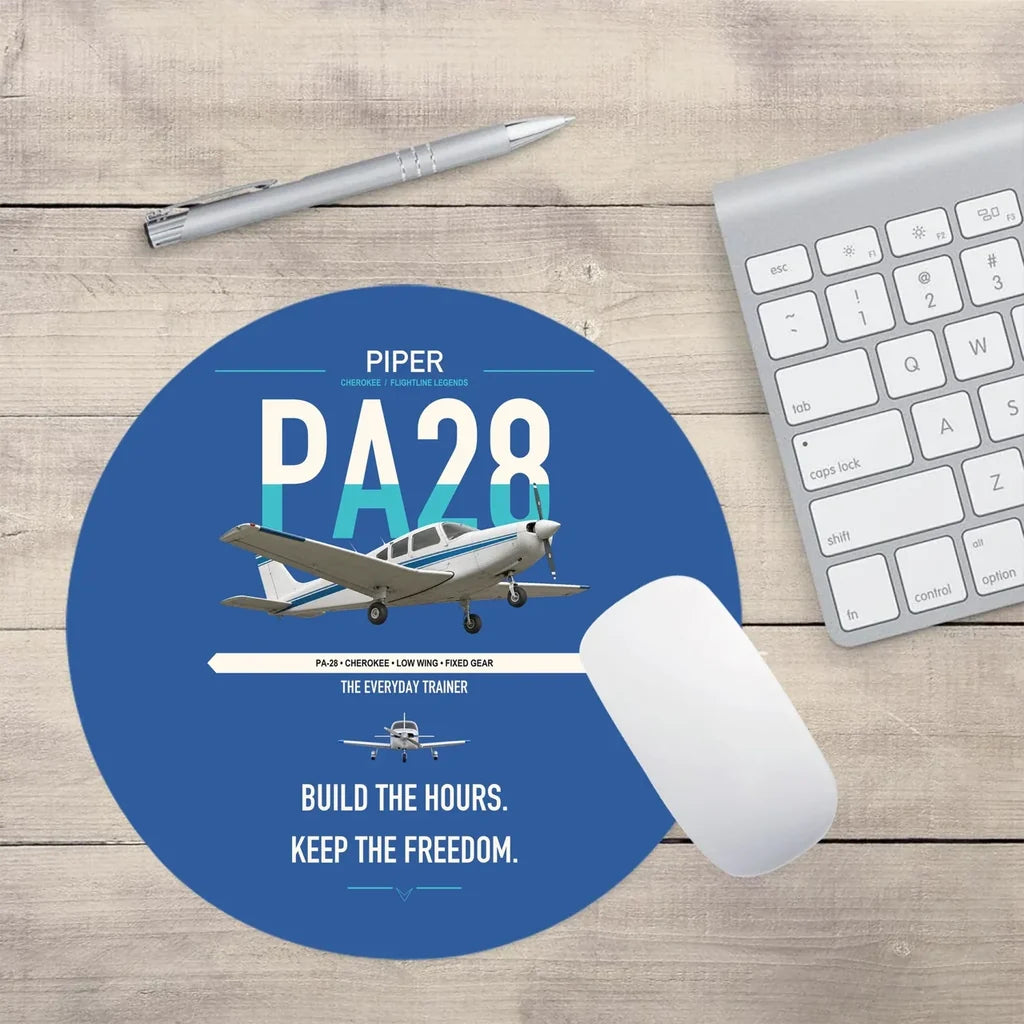 Piper PA-28 Cherokee design on blue round mouse pad