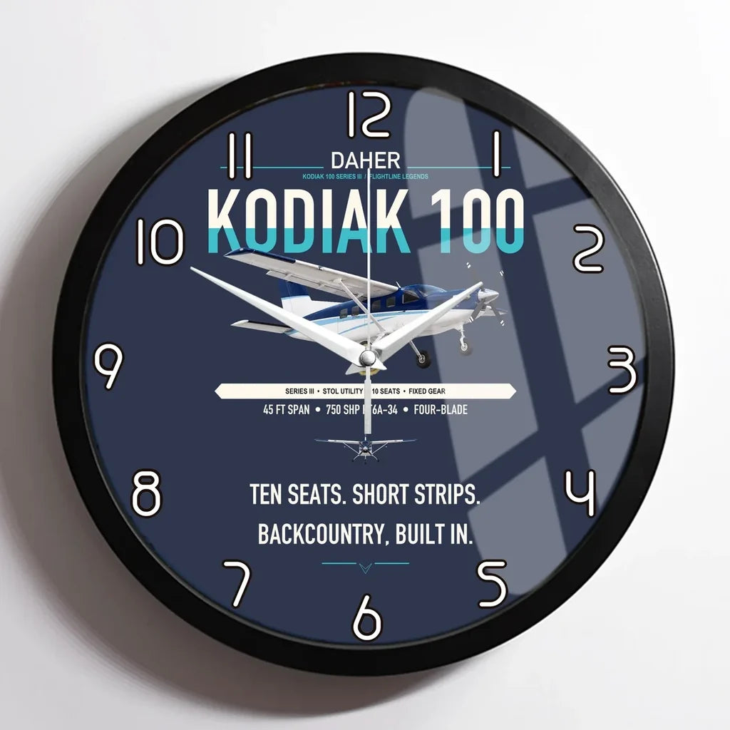 Daher Kodiak 100 Series III design on navy blue framed wall clock