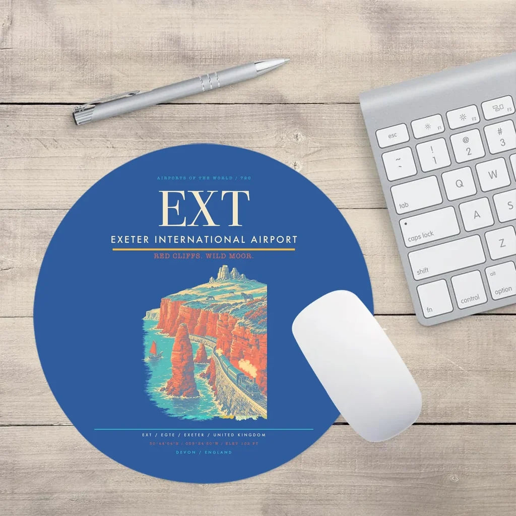 Exeter International Airport (EXT) design on blue round mouse pad