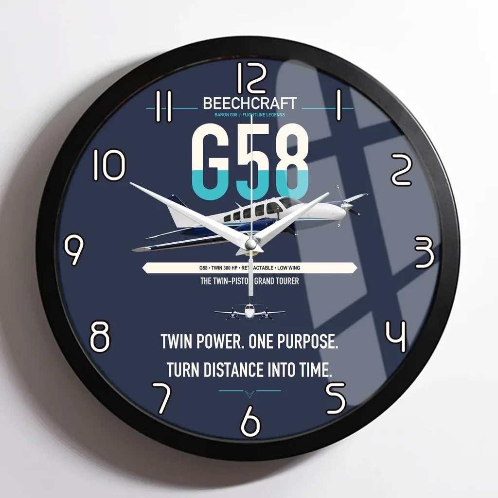 Beechcraft Baron G58 design on navy blue framed wall clock