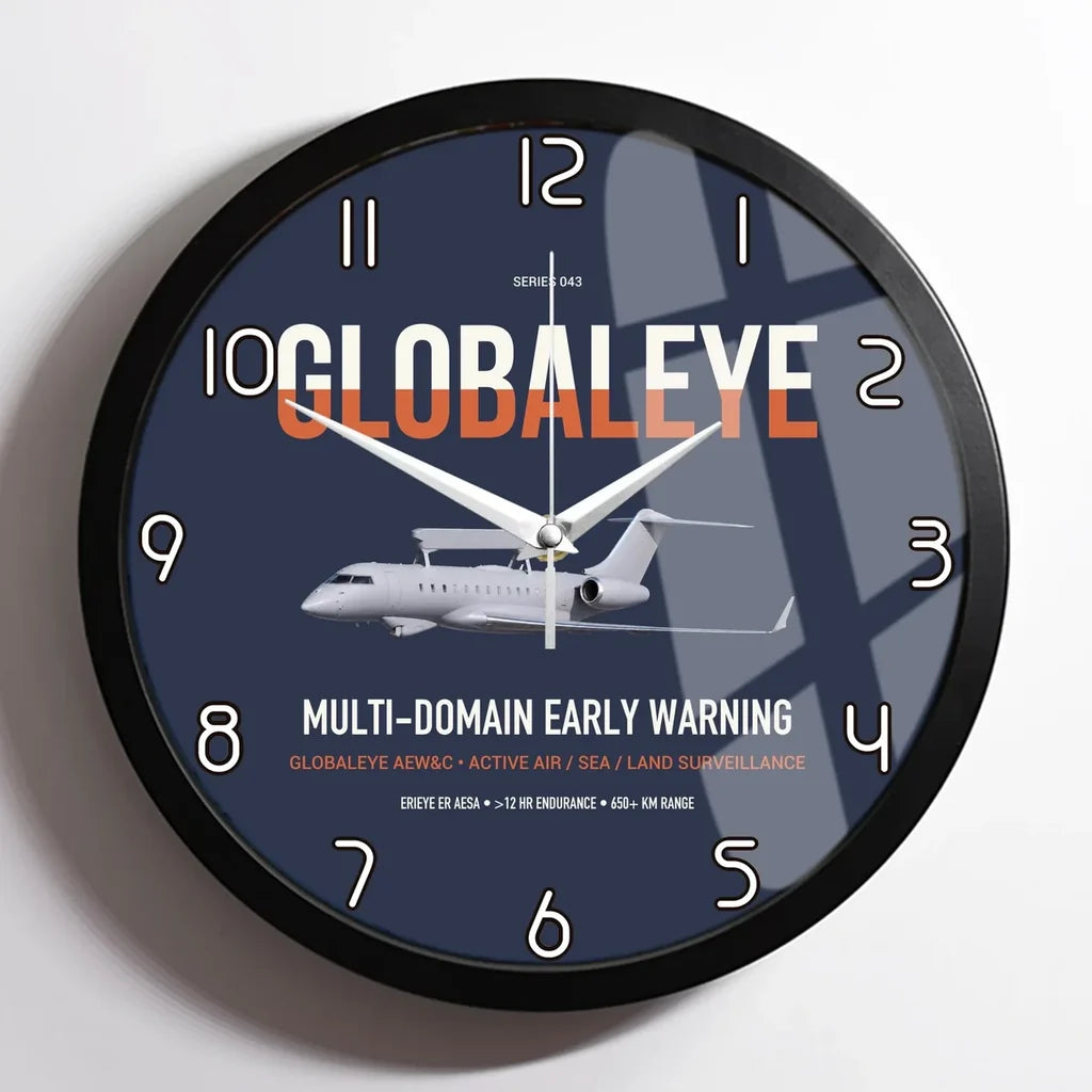 Saab GlobalEye design on navy blue framed wall clock