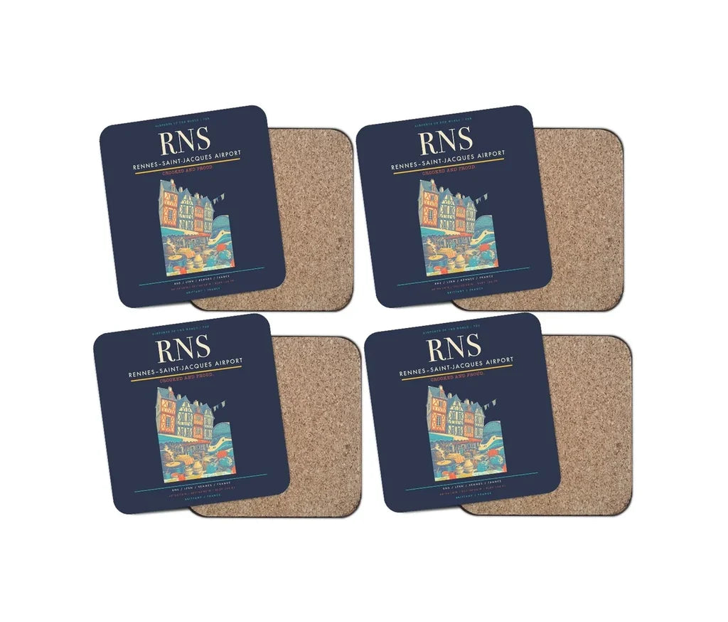 Rennes–Saint-Jacques Airport (RNS) design on navy blue 4 pieces set coaster