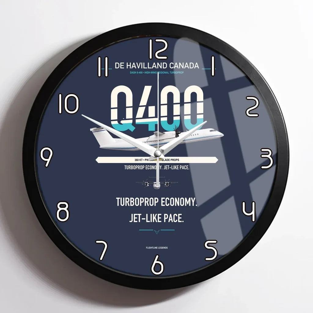 De Havilland Dash 8-400 design on navy blue framed wall clock