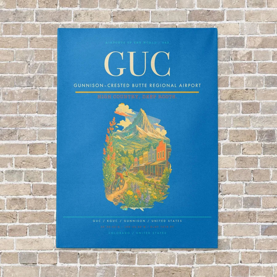 Gunnison–Crested Butte Regional Airport GUC vertical canvas print - no frame - turquoise background