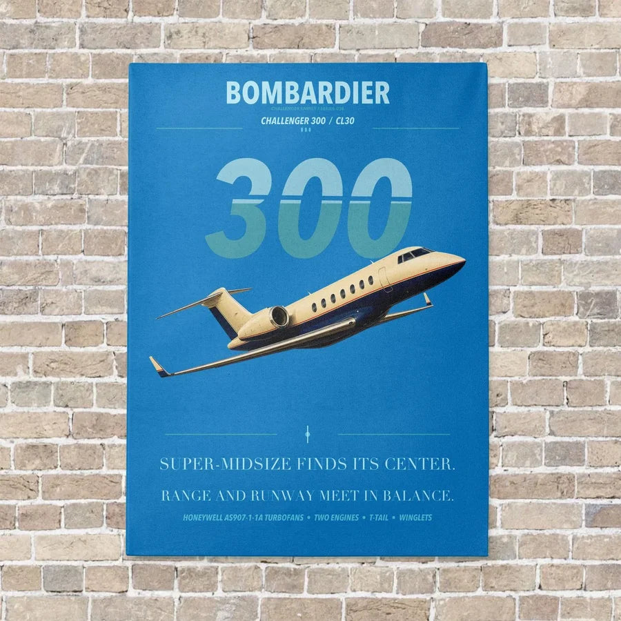 Bombardier Challenger 300 vertical canvas print - no frame - turquoise background