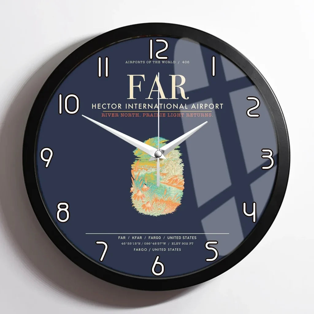Hector International Airport (FAR) design on navy blue framed wall clock
