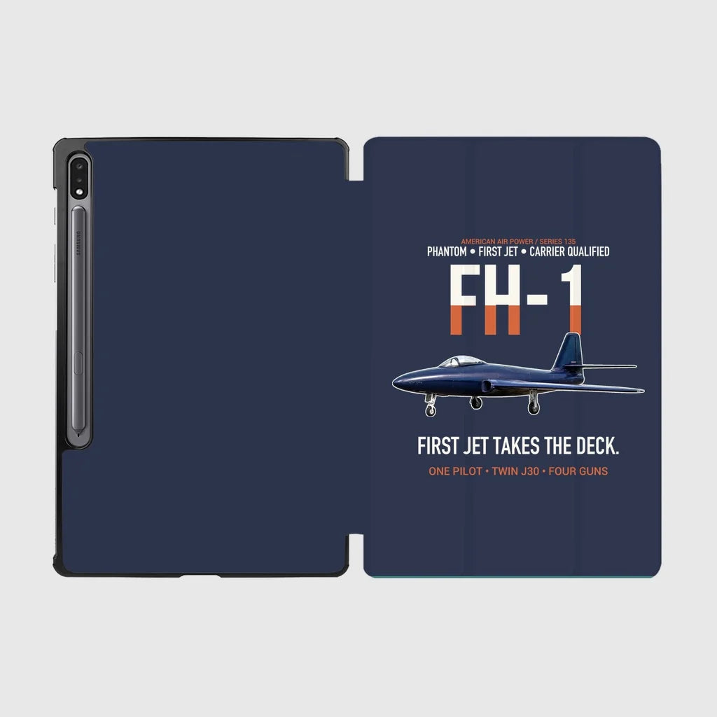 FH-1 Phantom First Jet Takes the Deck design on navy blue samsung tablet tablet case