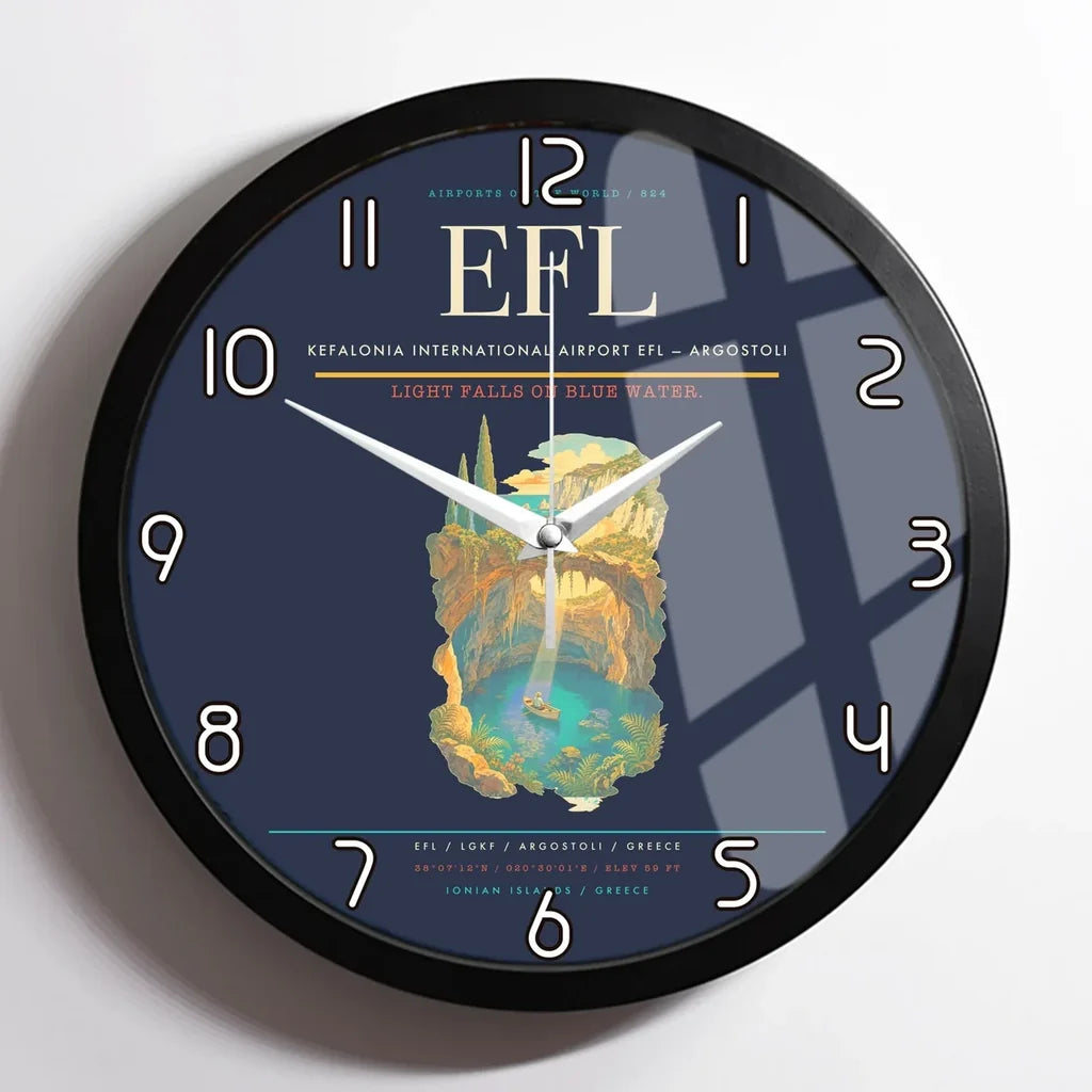 Kefalonia International Airport (EFL) design on navy blue framed wall clock