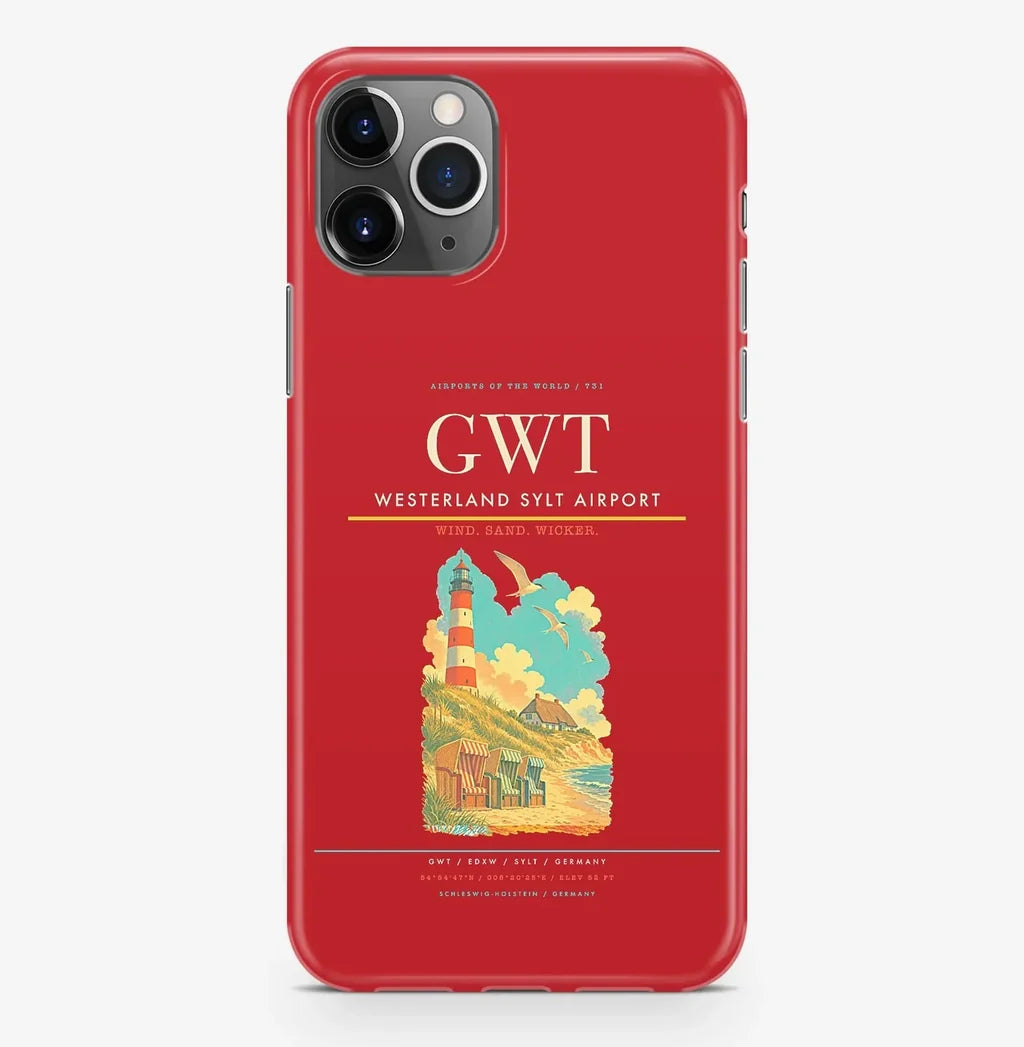 Westerland Airport (GWT) design on red iPhone 16 Pro MagSafe case