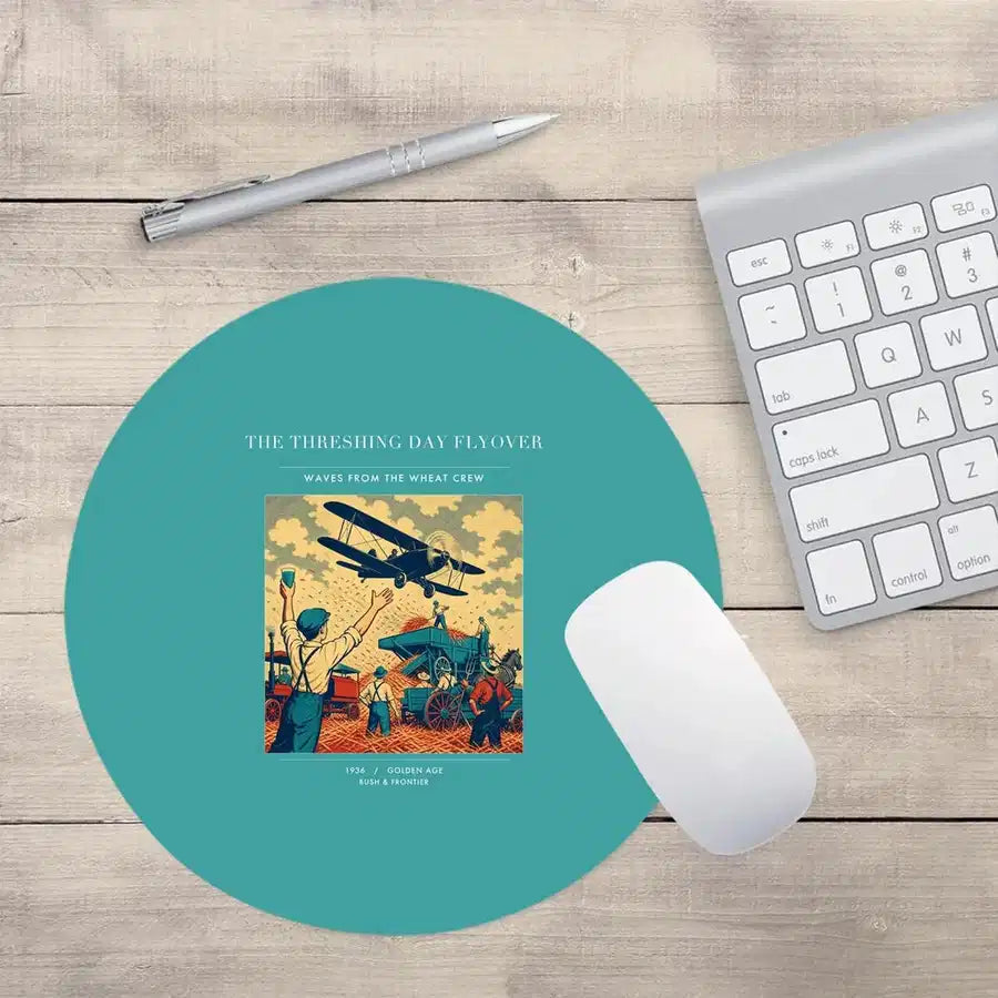 VINTAGE G4389 - The Threshing Day Flyover - Designed Mouse Pads design on turquoise round