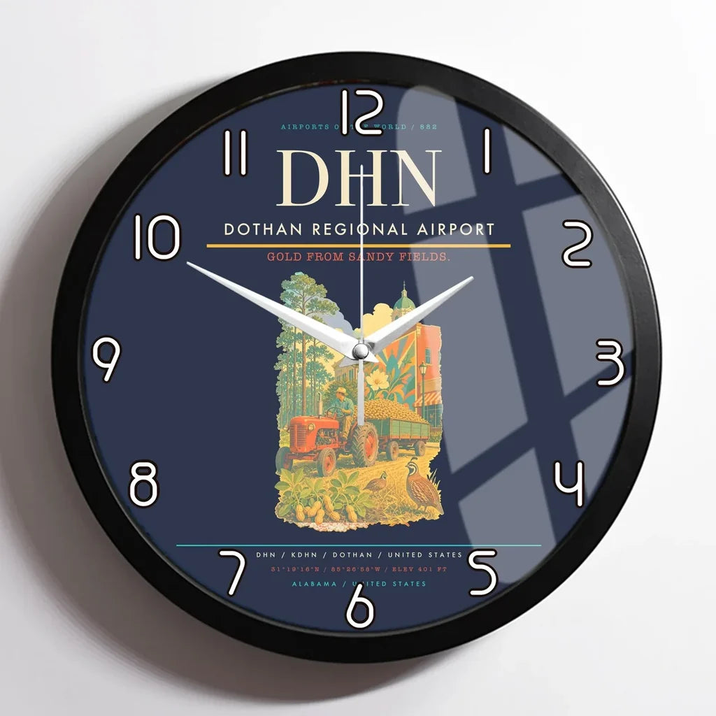 Dothan Regional Airport (DHN) design on navy blue framed wall clock