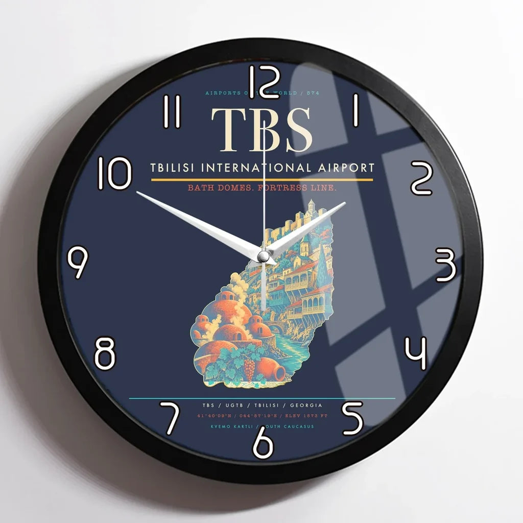 Tbilisi International Airport (TBS) design on navy blue framed wall clock