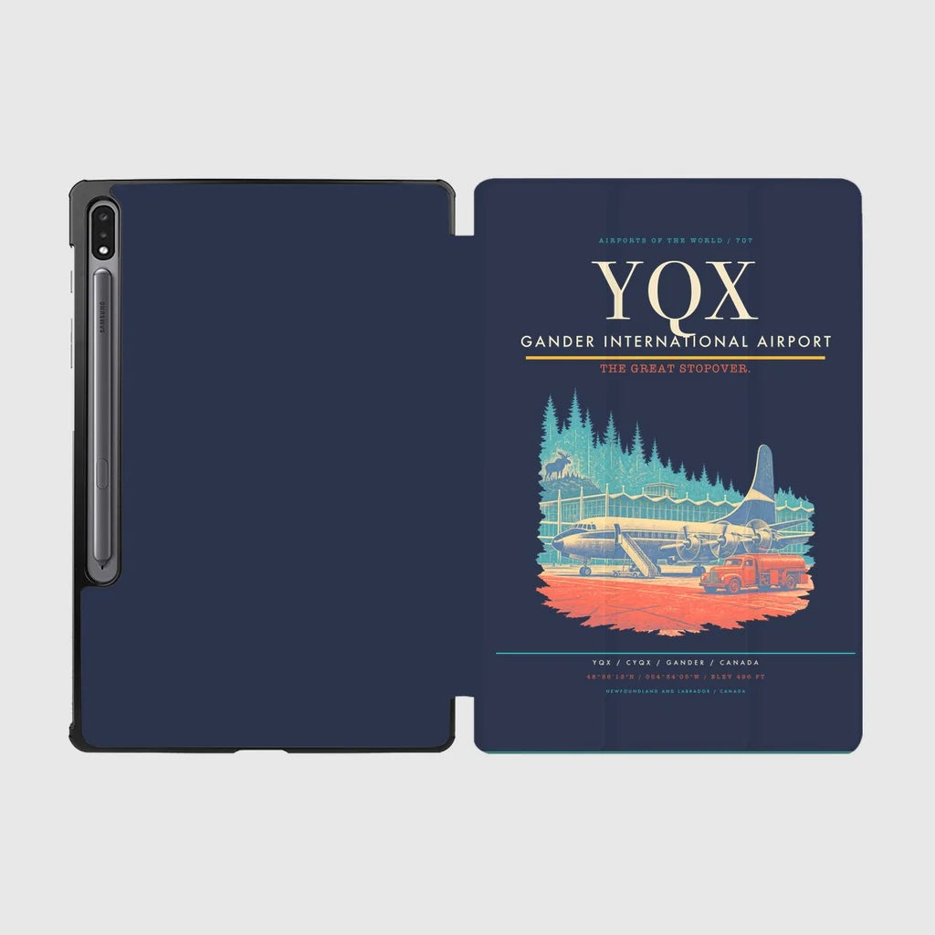 Gander International Airport (YQX) design on navy blue samsung tablet tablet case