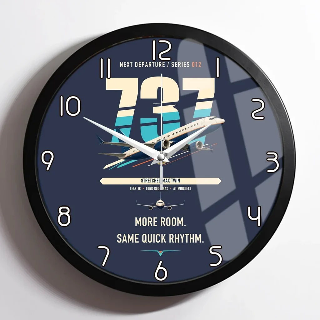 Boeing 737 MAX 9 design on navy blue framed wall clock