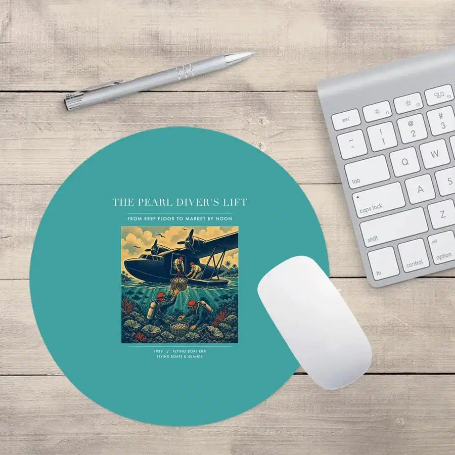VINTAGE G4271 - The Pearl Diver's Lift - Designed Mouse Pads design on turquoise round