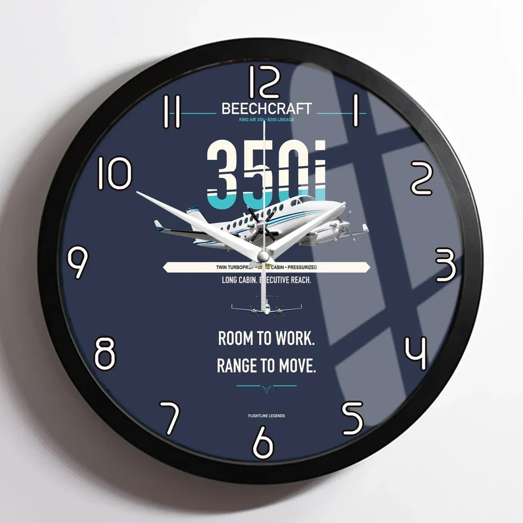 Beechcraft King Air 350i design on navy blue framed wall clock