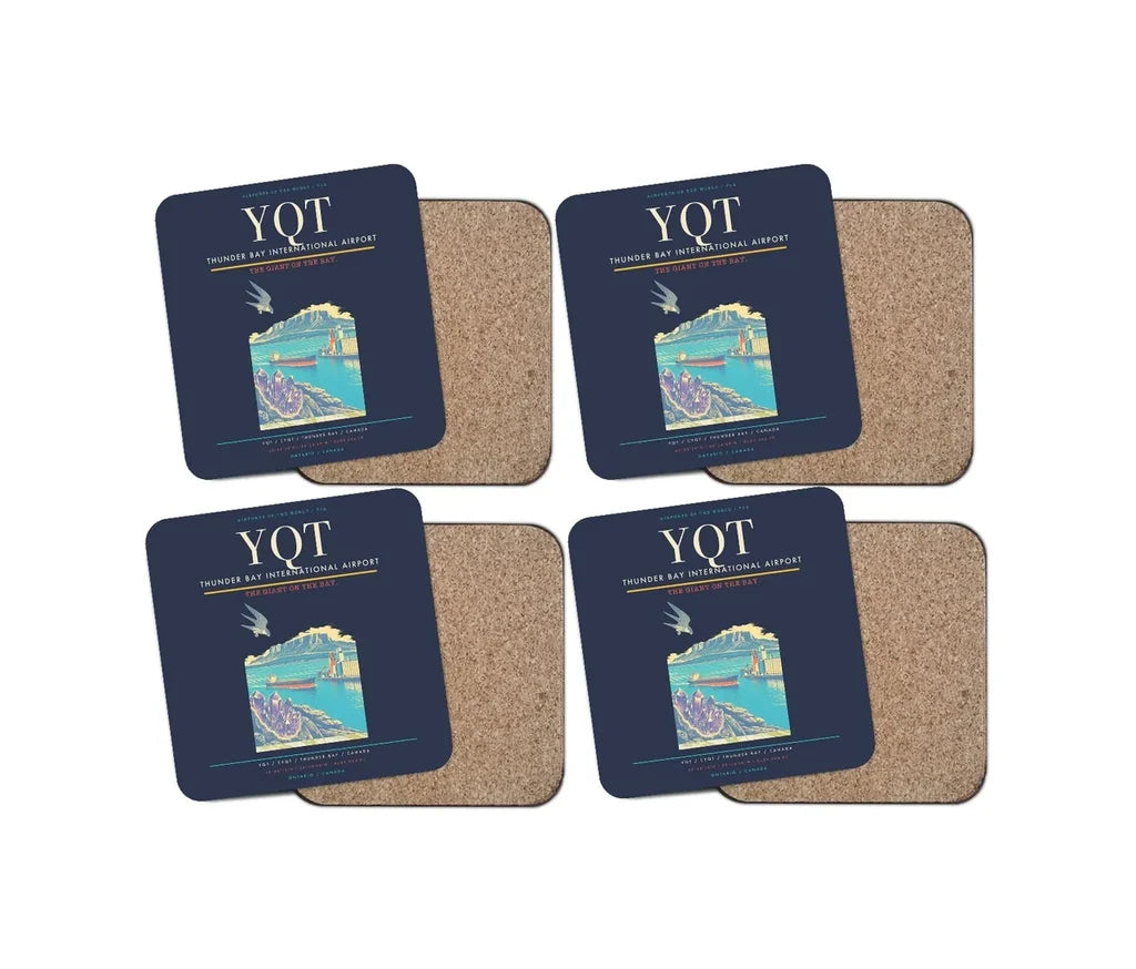 Thunder Bay International Airport (YQT) design on navy blue 4 pieces set coaster