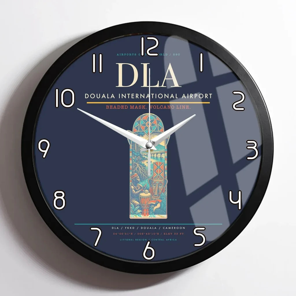 Douala International Airport (DLA) design on navy blue framed wall clock