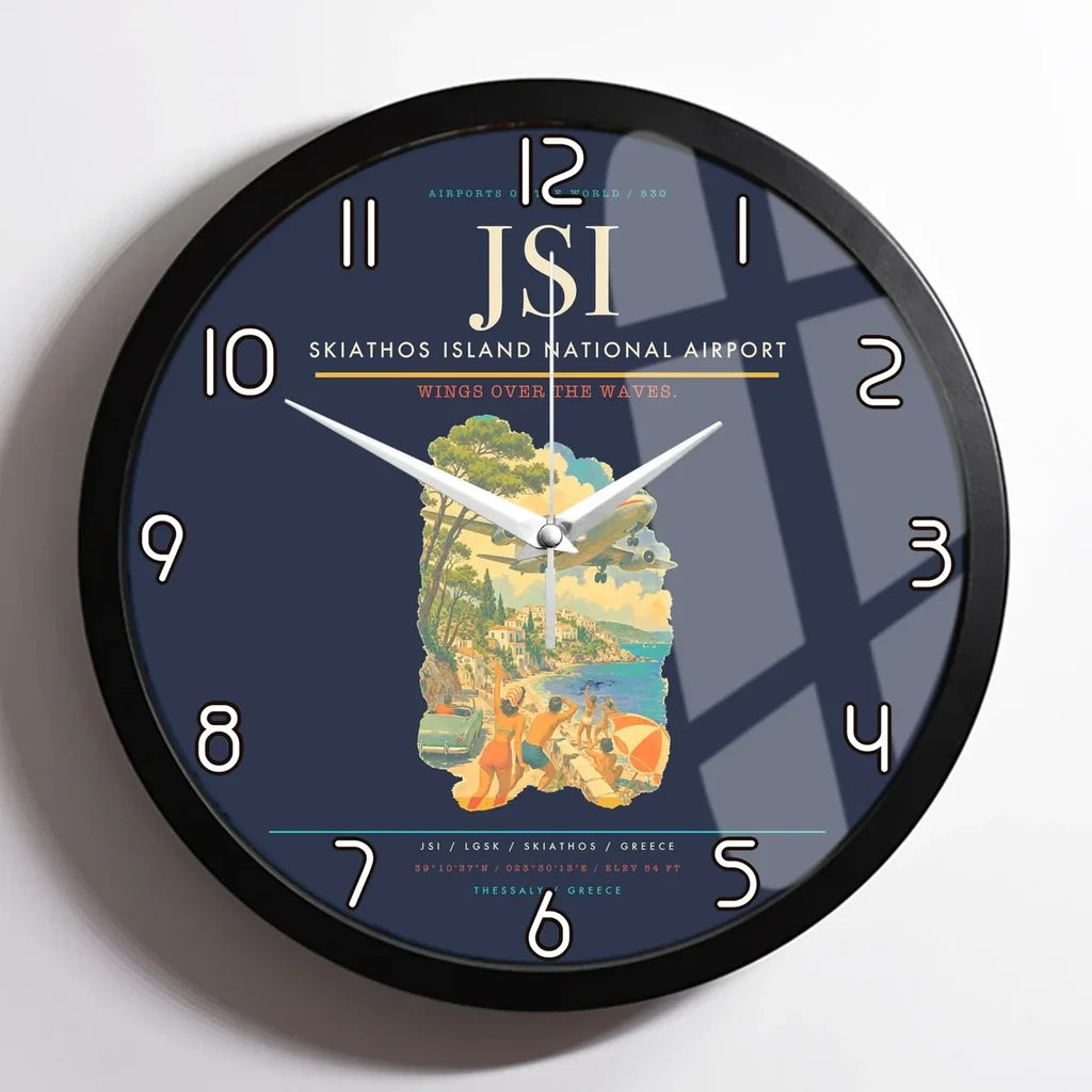 Skiathos Island National Airport (JSI) design on navy blue framed wall clock