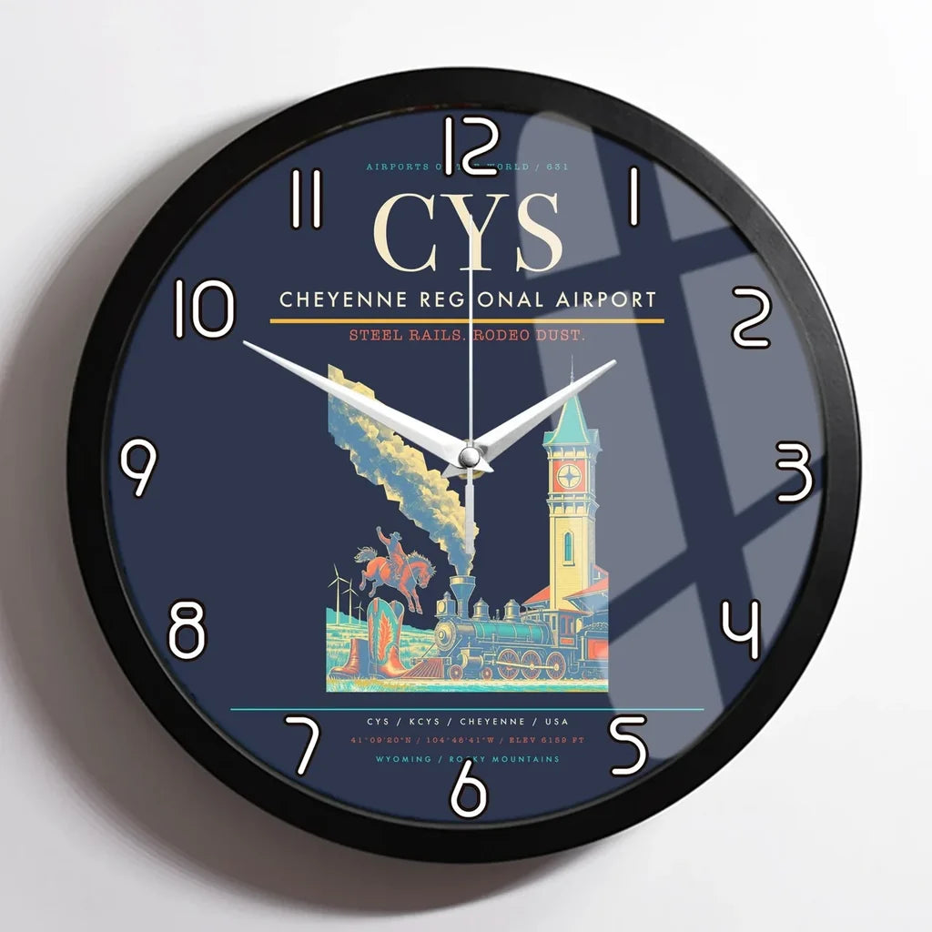 Cheyenne Regional Airport (CYS) design on navy blue framed wall clock