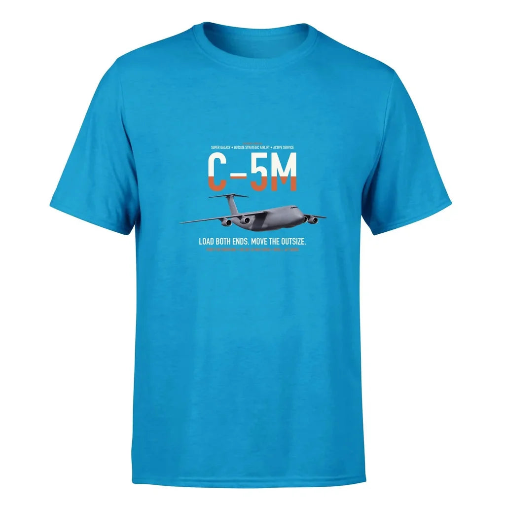 C-5M Super Galaxy design on turquoise double-side t-shirt, single-side print