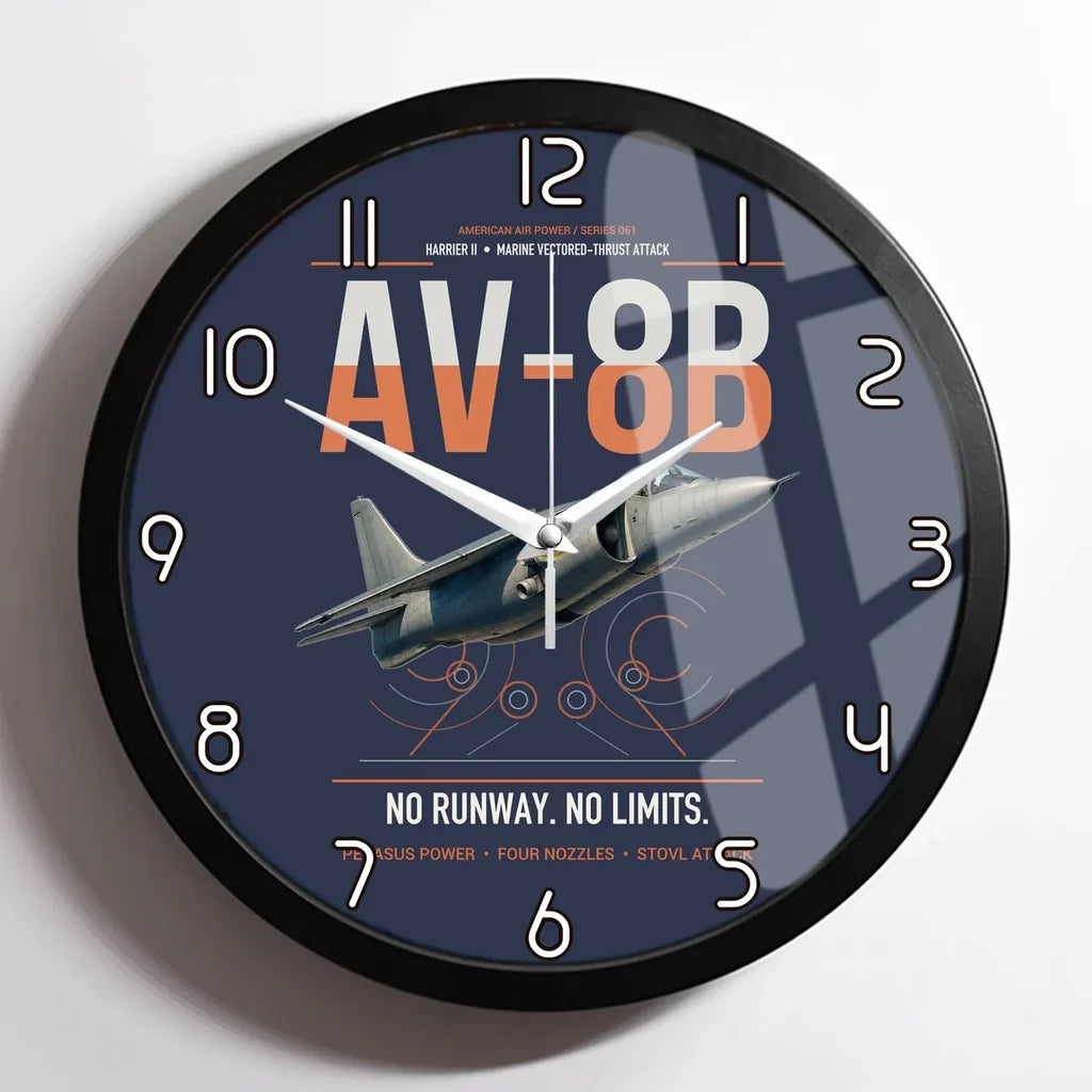 AV-8B Harrier II design on navy blue framed wall clock