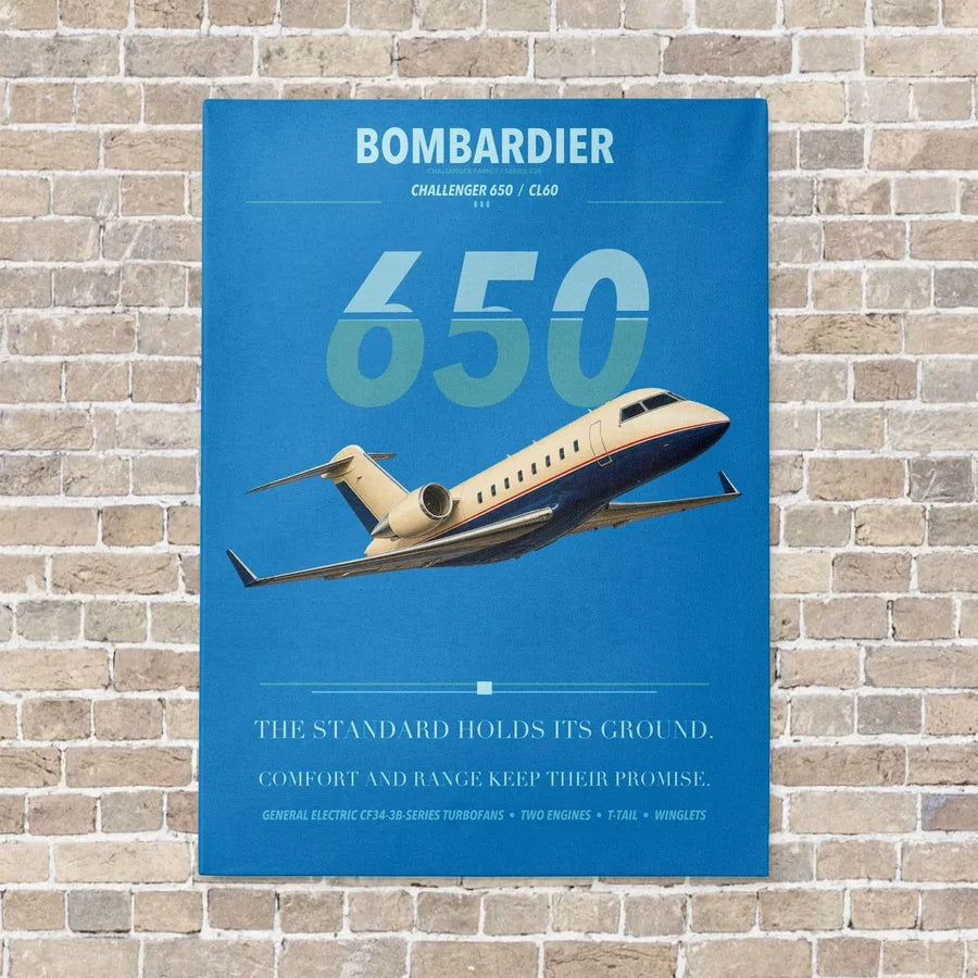 Bombardier Challenger 650 vertical canvas print - no frame - turquoise background