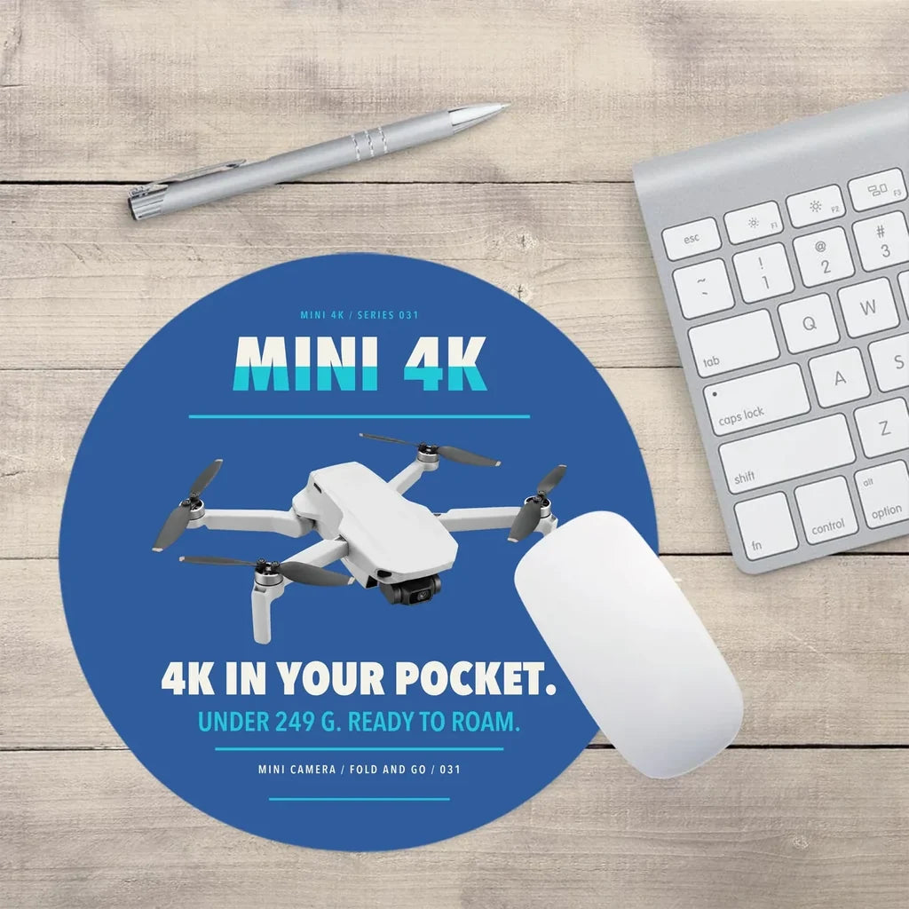 DJI Mini 4K design on blue round mouse pad