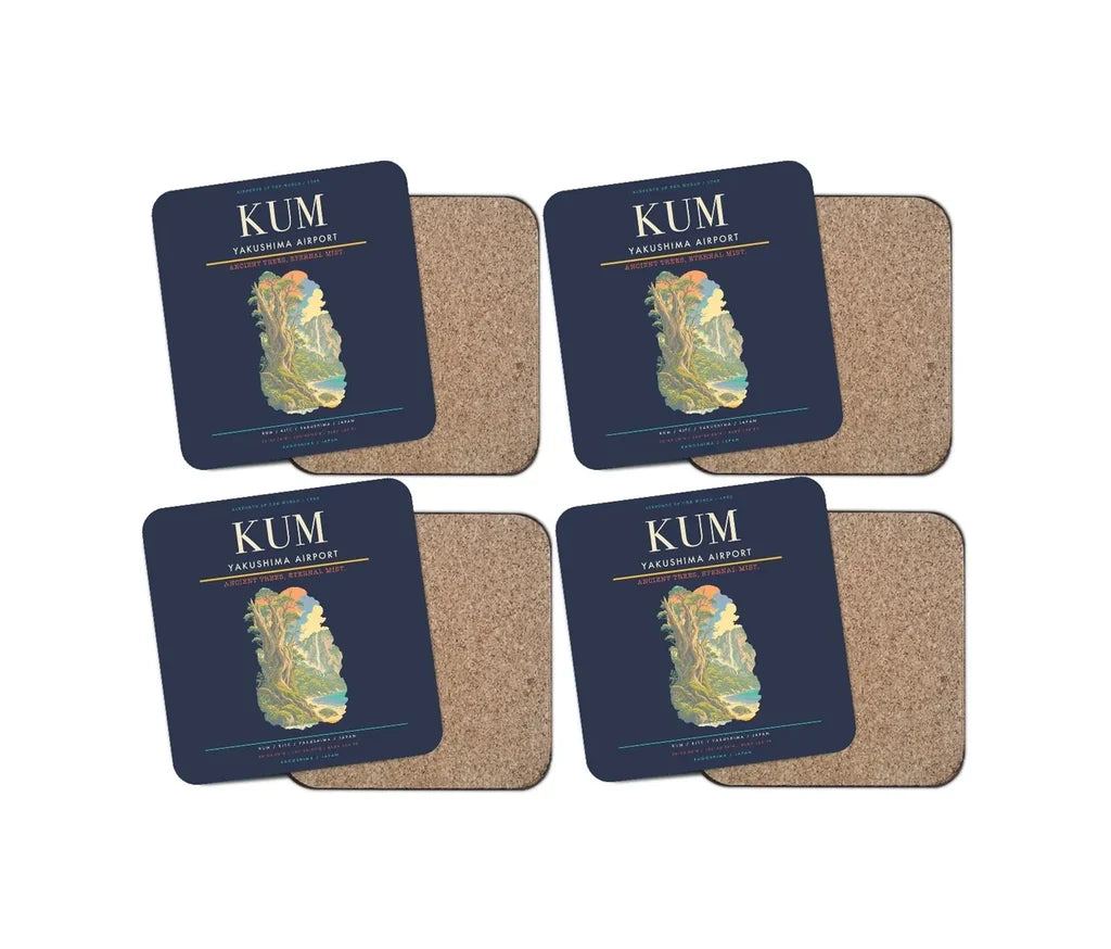 Yakushima Airport (KUM) design on navy blue 4 pieces set coaster
