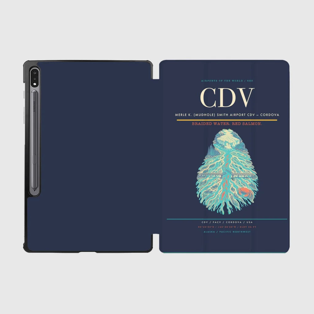 Merle K. (Mudhole) Smith Airport (CDV) design on navy blue samsung tablet tablet case