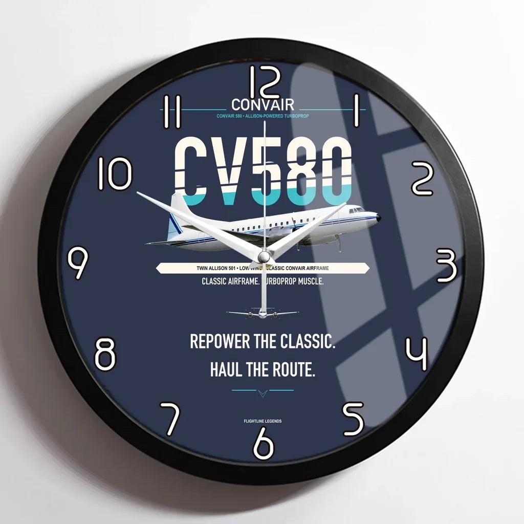 Convair 580 design on navy blue framed wall clock