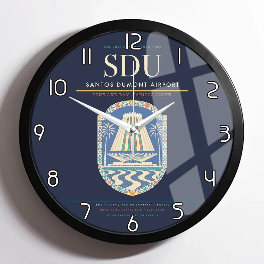 Santos Dumont Airport (SDU) design on navy blue framed wall clock