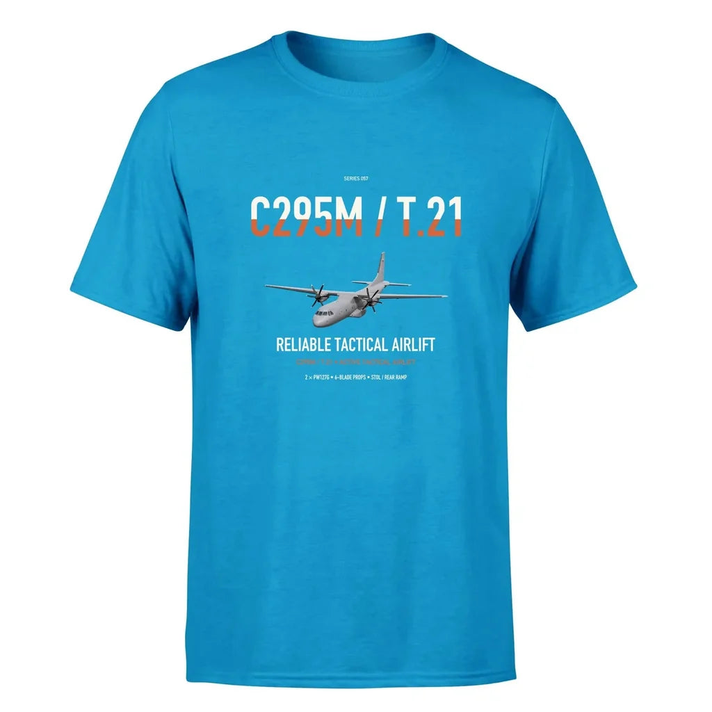 Airbus C295M T.21 design on turquoise double-side t-shirt, single-side print