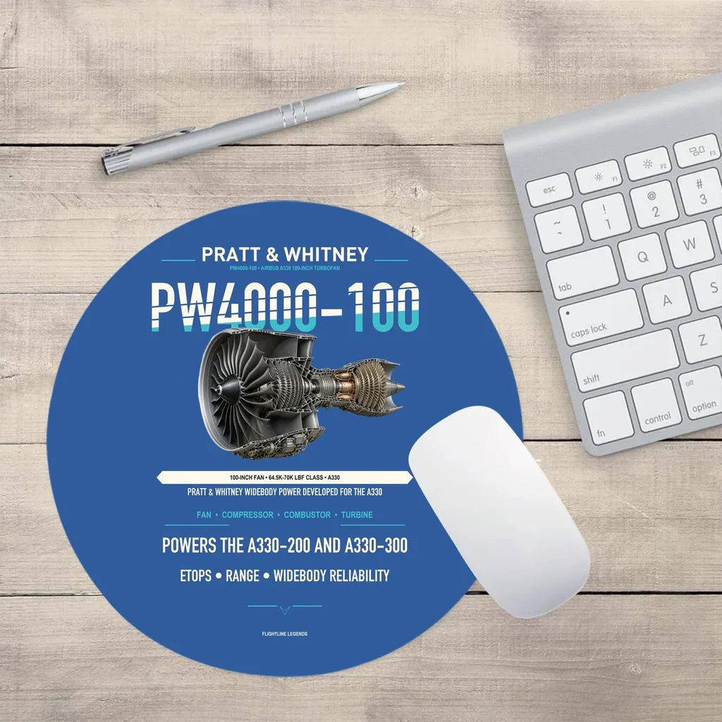 PW4000-100 design on blue round mouse pad