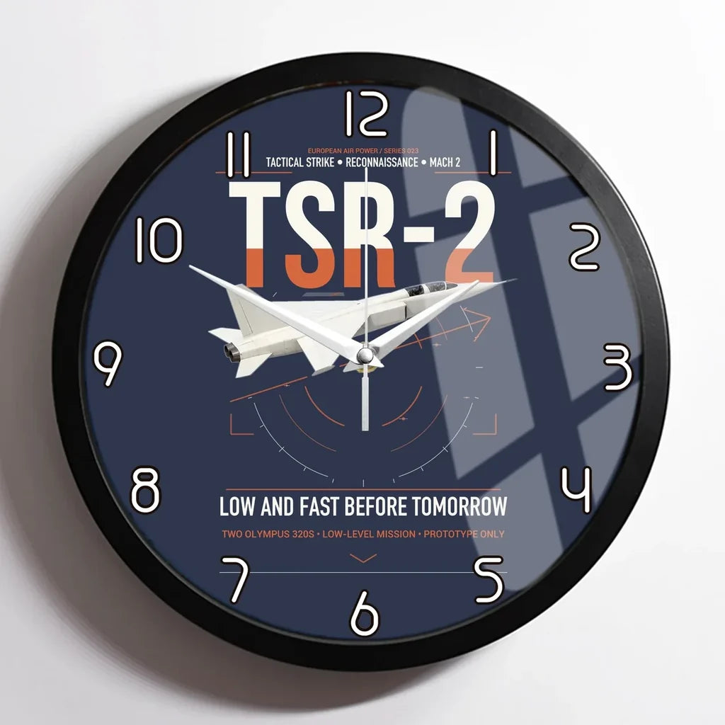 BAC TSR-2 design on navy blue framed wall clock
