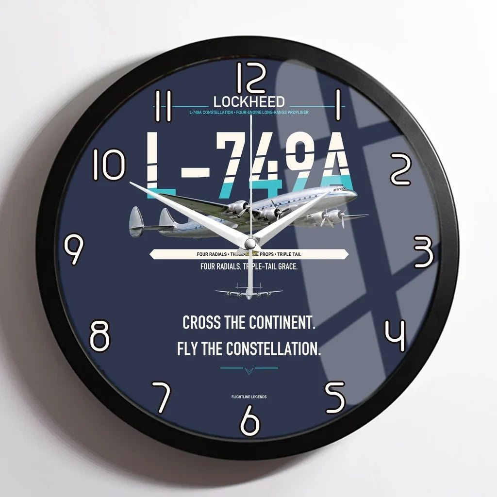 Lockheed L-749A Constellation design on navy blue framed wall clock