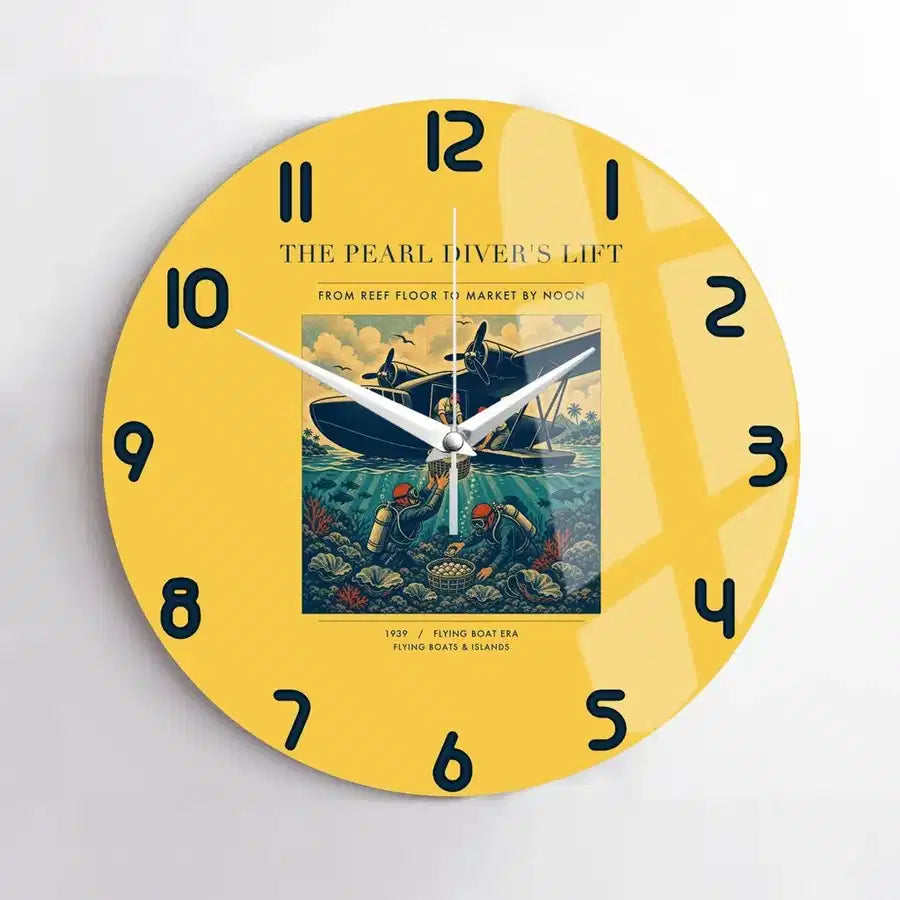 VINTAGE G4271 - The Pearl Diver's Lift - Designed Wall Clocks design on yellow no-frame