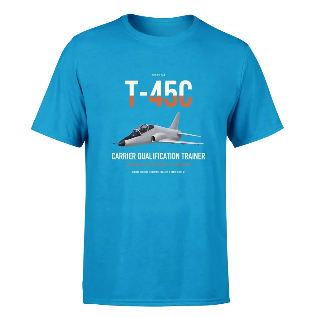 T-45C Goshawk design on turquoise double-side t-shirt, single-side print