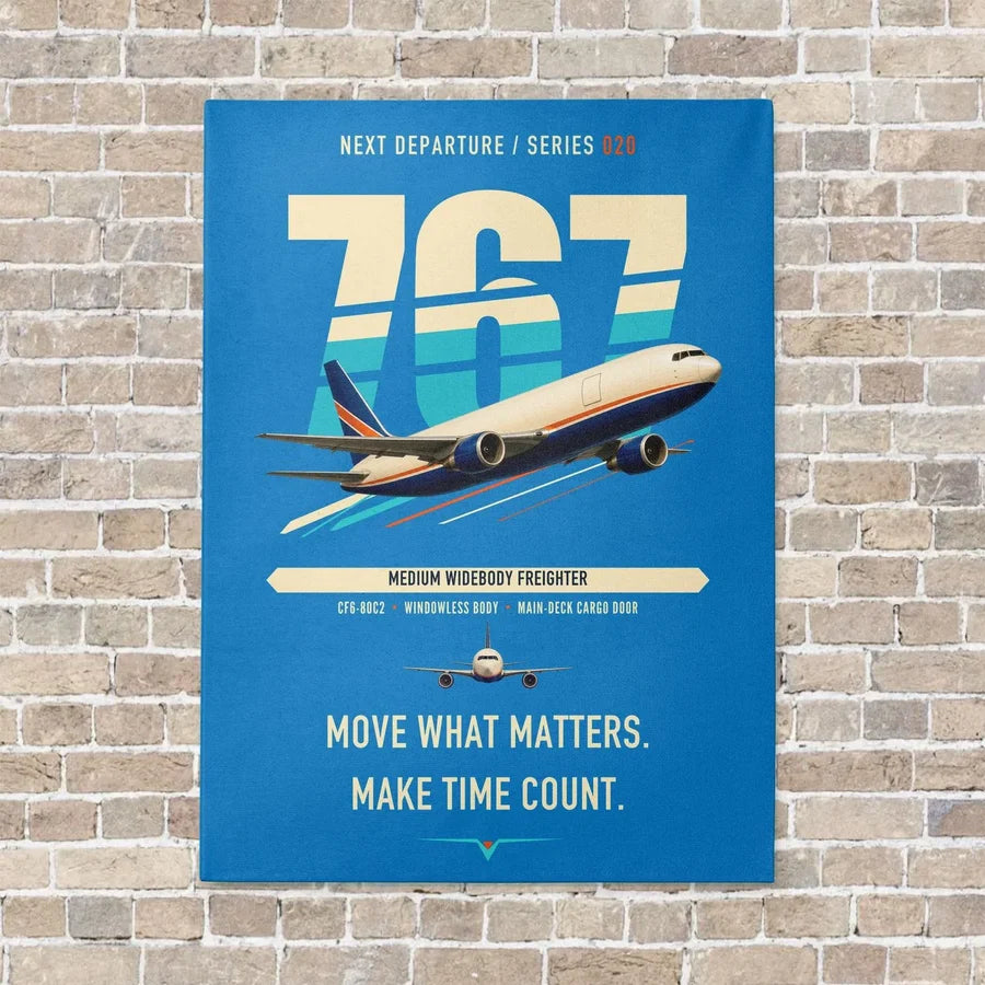 Boeing 767-300F vertical canvas print - no frame - turquoise background