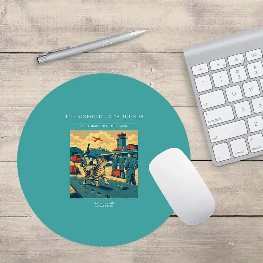VINTAGE G4456 - The Airfield Cat's Rounds - Designed Mouse Pads design on turquoise round
