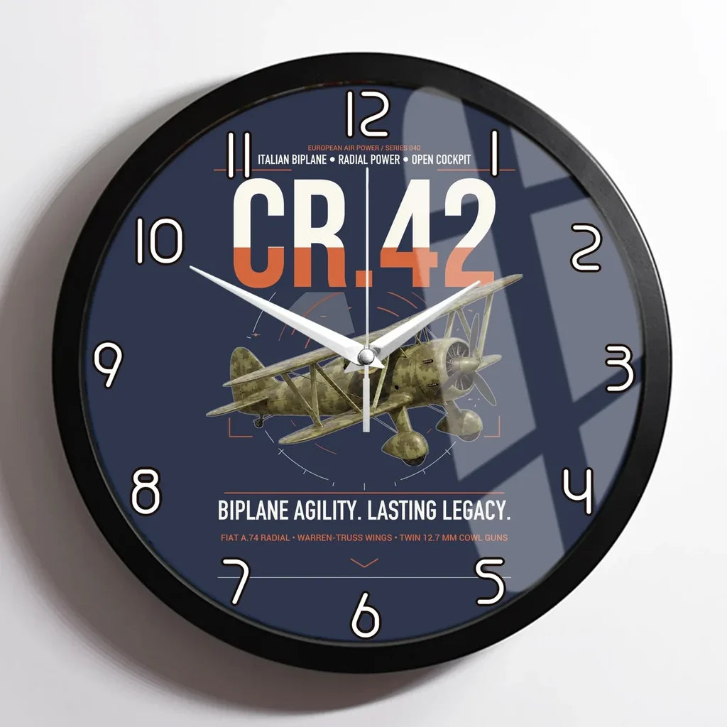 Fiat CR.42 Falco design on navy blue framed wall clock