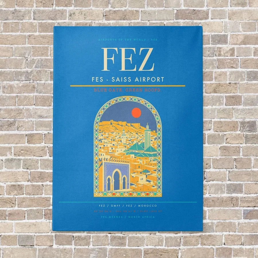 Fes - Saiss Airport FEZ vertical canvas print - no frame - turquoise background