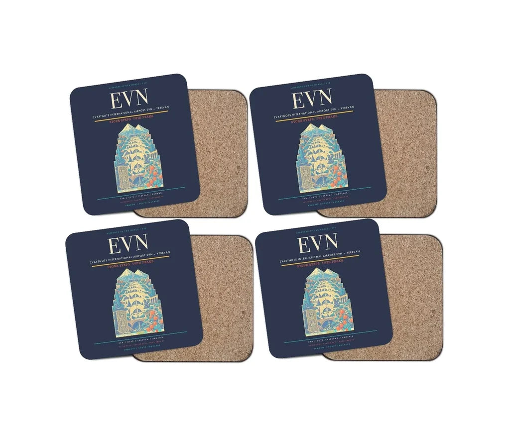 Zvartnots International Airport (EVN) design on navy blue 4 pieces set coaster