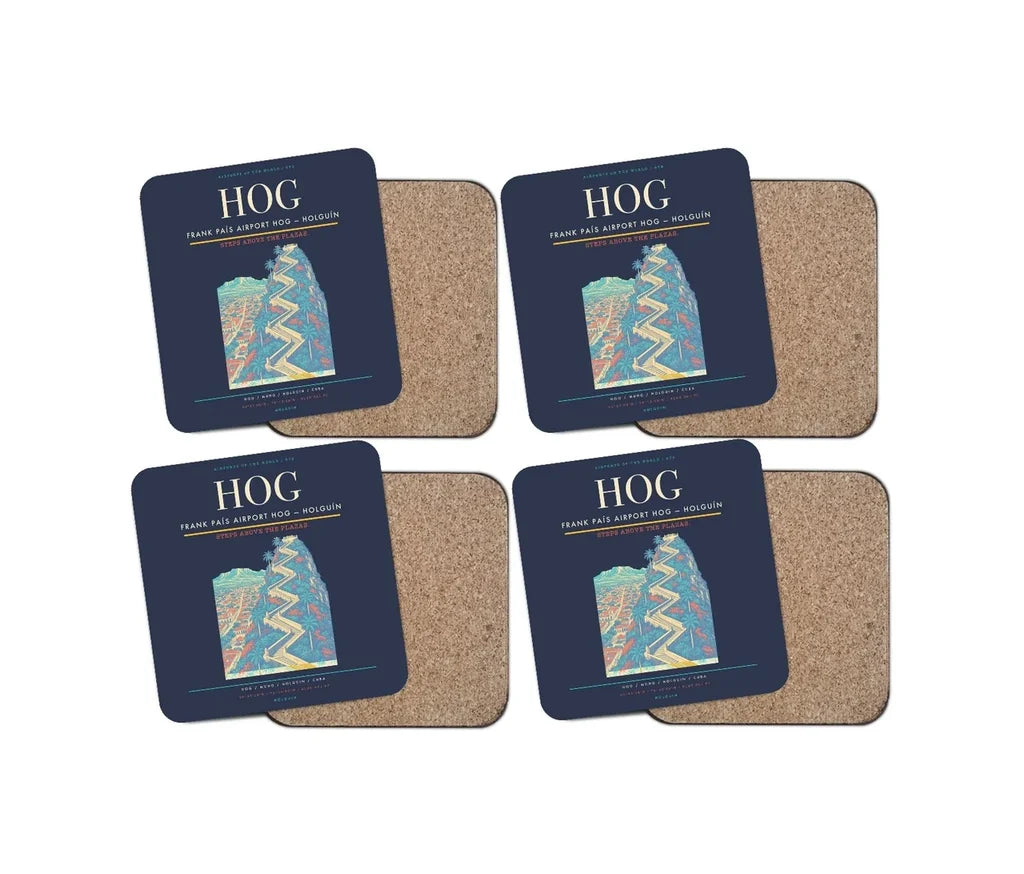 Frank País Airport (HOG) design on navy blue 4 pieces set coaster