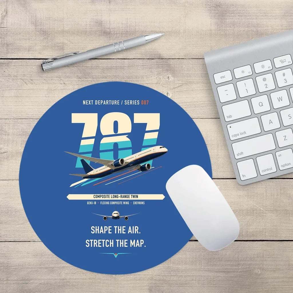 Boeing 787-9 Dreamliner design on blue round mouse pad