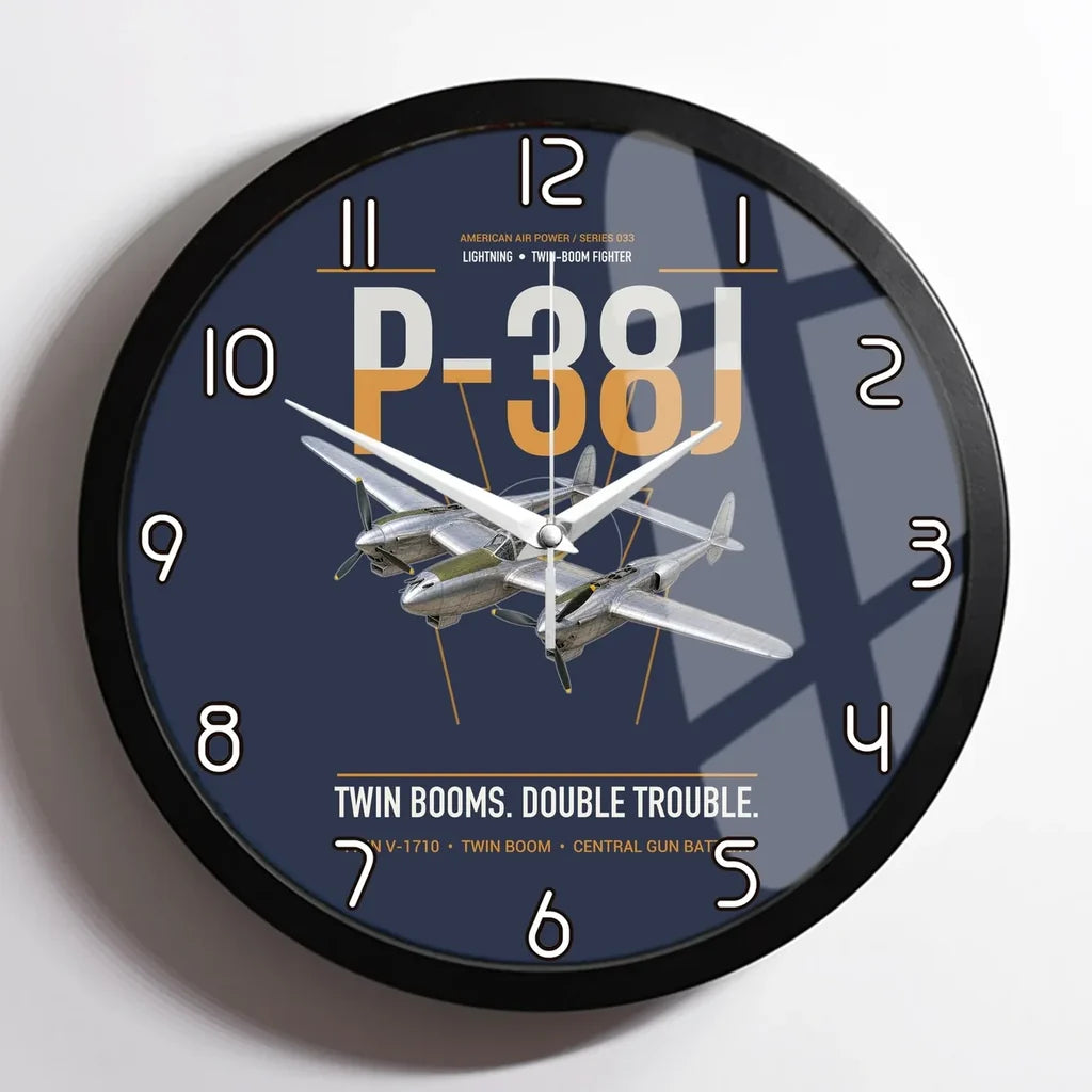 P-38J Lightning design on navy blue framed wall clock