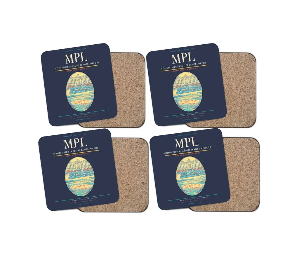 Montpellier–Méditerranée Airport (MPL) design on navy blue 4 pieces set coaster