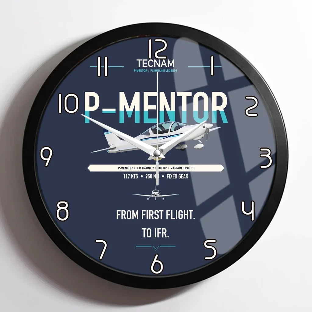 Tecnam P-Mentor design on navy blue framed wall clock