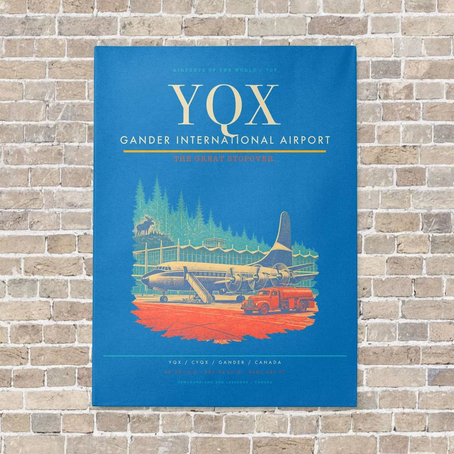 Gander International Airport YQX vertical canvas print - no frame - turquoise background