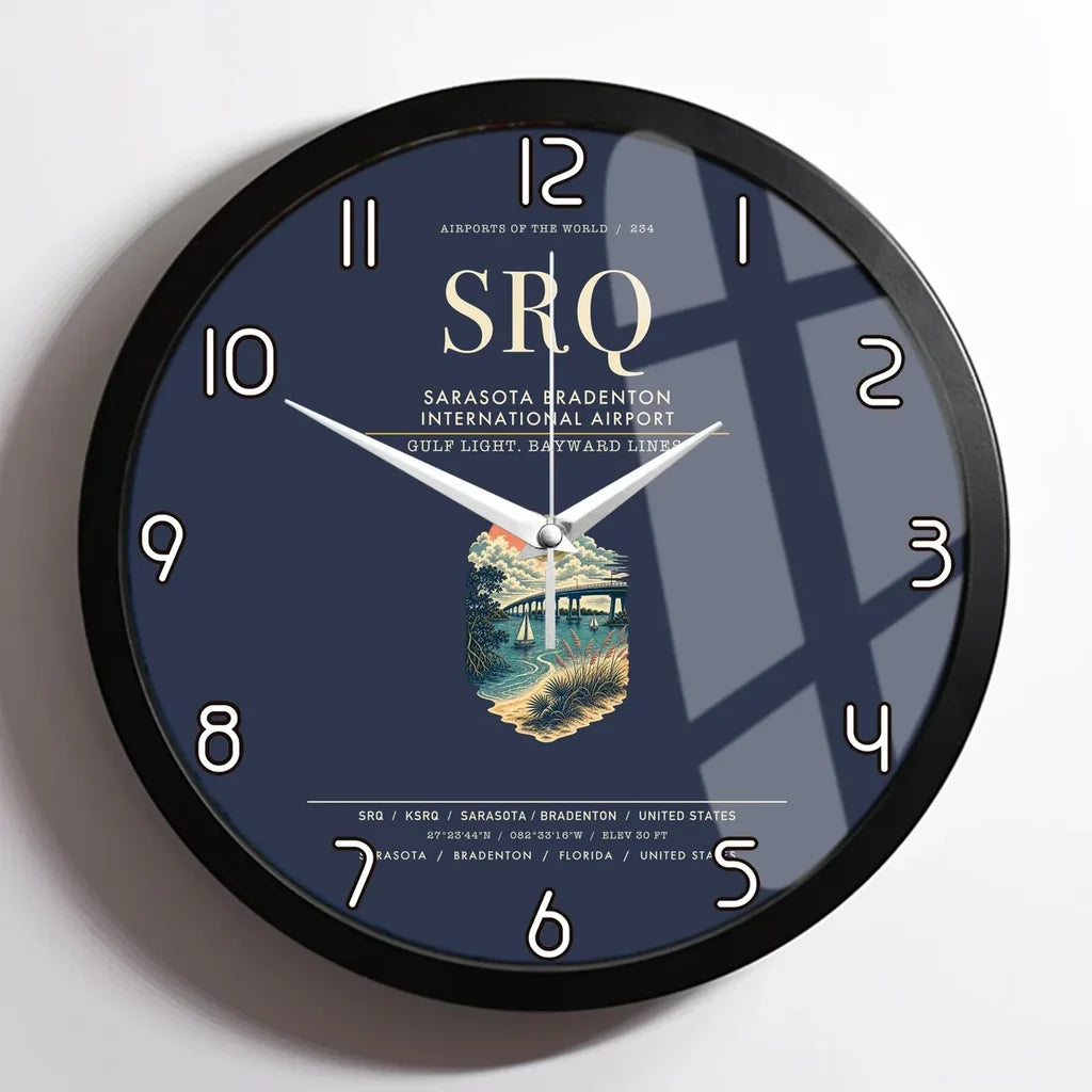 Sarasota Bradenton International Airport (SRQ) design on navy blue framed wall clock